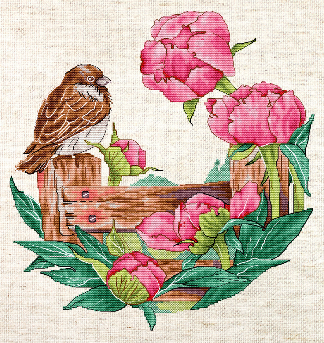 The Fence With Peonies Cross Stitch Kit - HobbyJobby