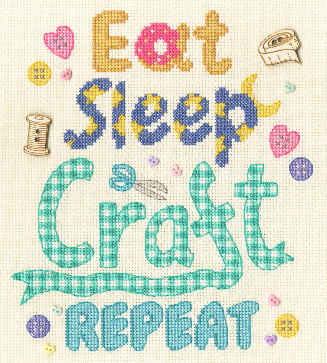 Eat, Sleep, Craft, Repeat Cross Stitch Kit - Bothy Threads