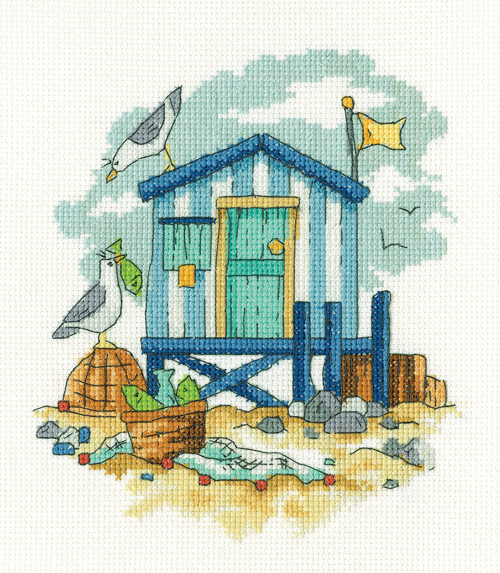 Blue Beach Hut Cross Stitch Kit - Heritage Crafts