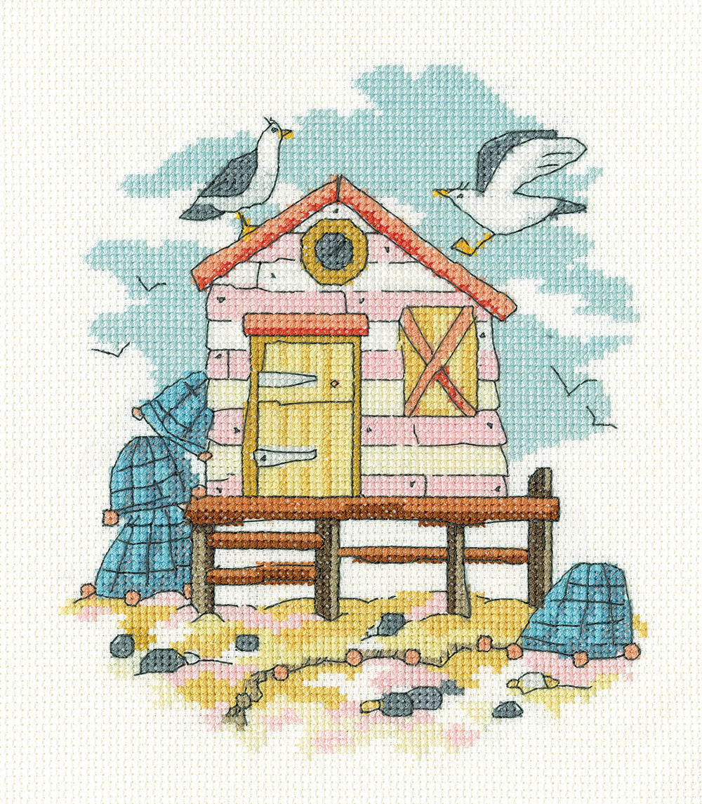 Pink Beach Hut Cross Stitch Kit - Heritage Crafts