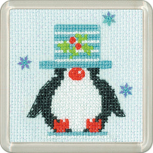 Penguin Top Hat Frosted Coaster Cross Stitch Kit - Heritage Crafts