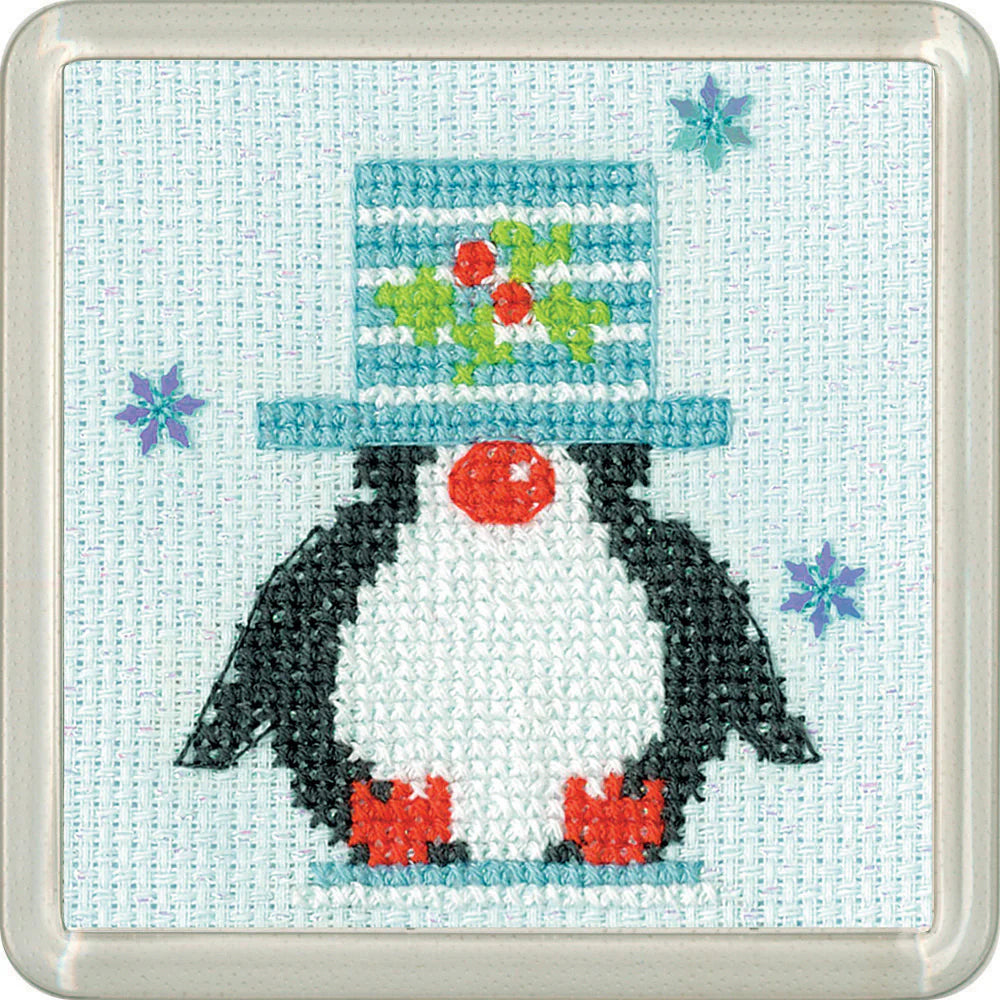 Penguin Top Hat Frosted Coaster Cross Stitch Kit - Heritage Crafts