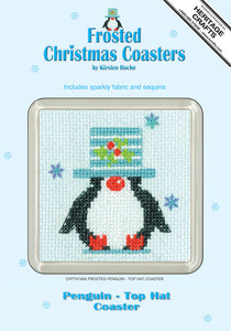 Penguin Top Hat Frosted Coaster Cross Stitch Kit - Heritage Crafts