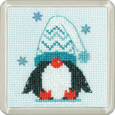 Penguin Woolly Hat Frosted Coaster Cross Stitch Kit - Heritage Crafts