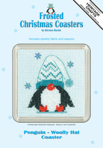 Penguin Woolly Hat Frosted Coaster Cross Stitch Kit - Heritage Crafts