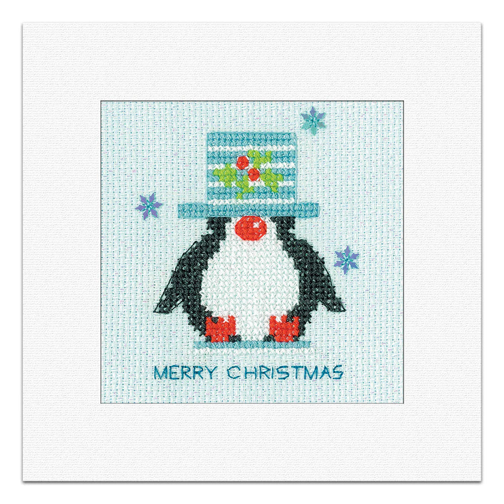 Frosted Penguin Top Hat Christmas Card Cross Stitch Kit - Heritage Crafts